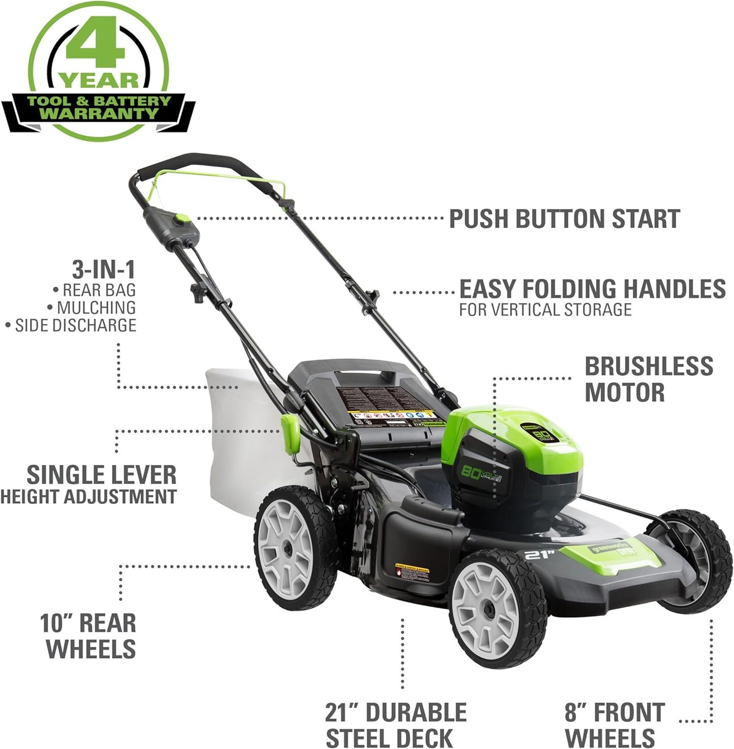 Greenworks 80V 21" Cordless Battery 3-in-1 Push Lawn Mower w/ 5.0Ah Battery & Charger - 2546902