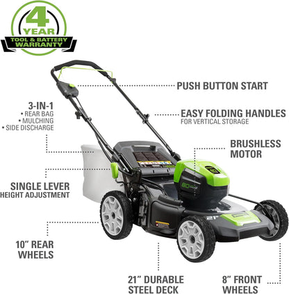 Greenworks 80V 21" Cordless Battery 3-in-1 Push Lawn Mower w/ 5.0Ah Battery & Charger - 2546902