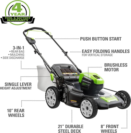 Greenworks 80V 21" Cordless Battery 3-in-1 Push Lawn Mower w/ 5.0Ah Battery & Charger - 2546902