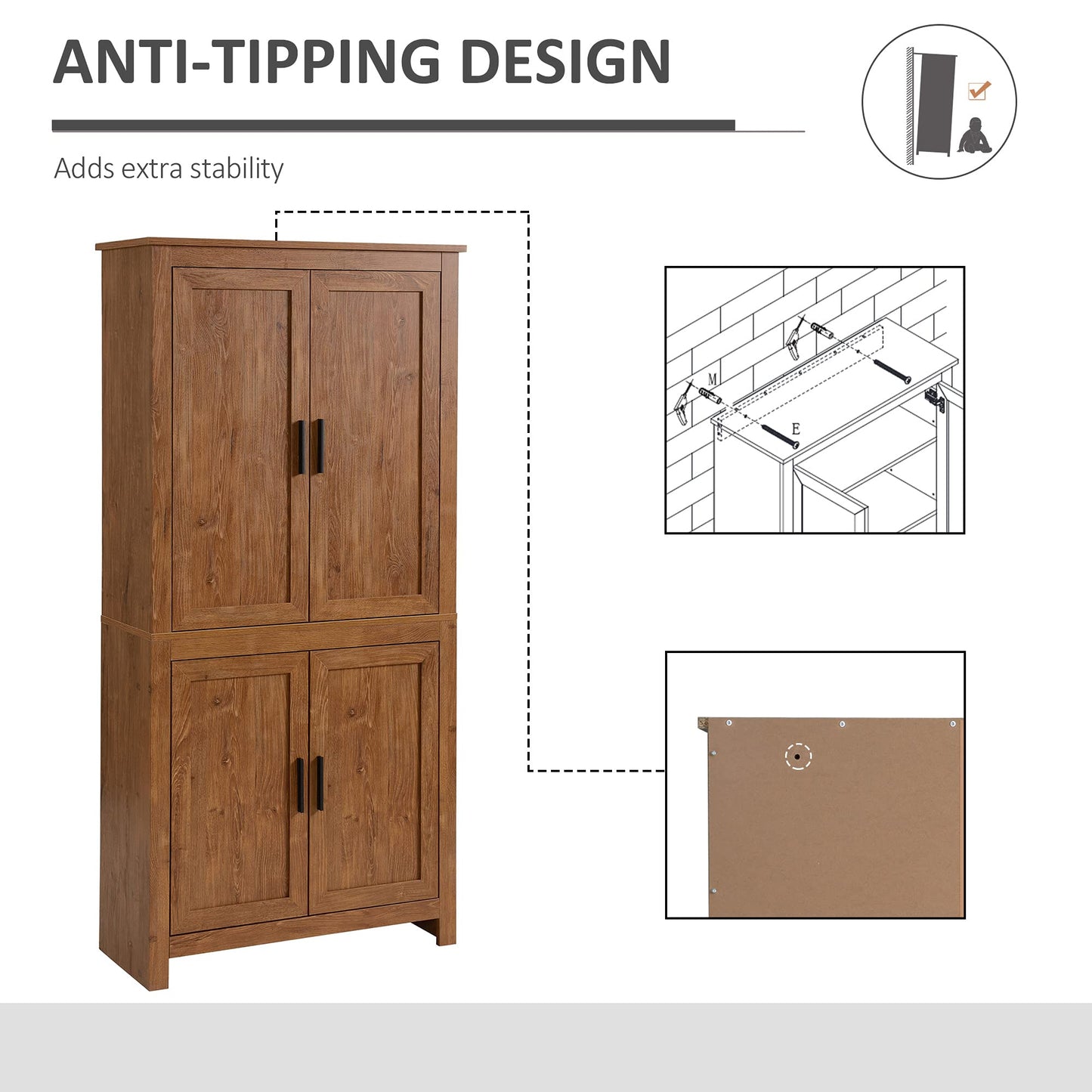 HOMCOM 64" Kitchen Pantry Cabinet, Freestanding Storage Cabinet with 4 Doors and 3 Adjustable Shelves for Dining Room, Oak - B0CGR31CKN