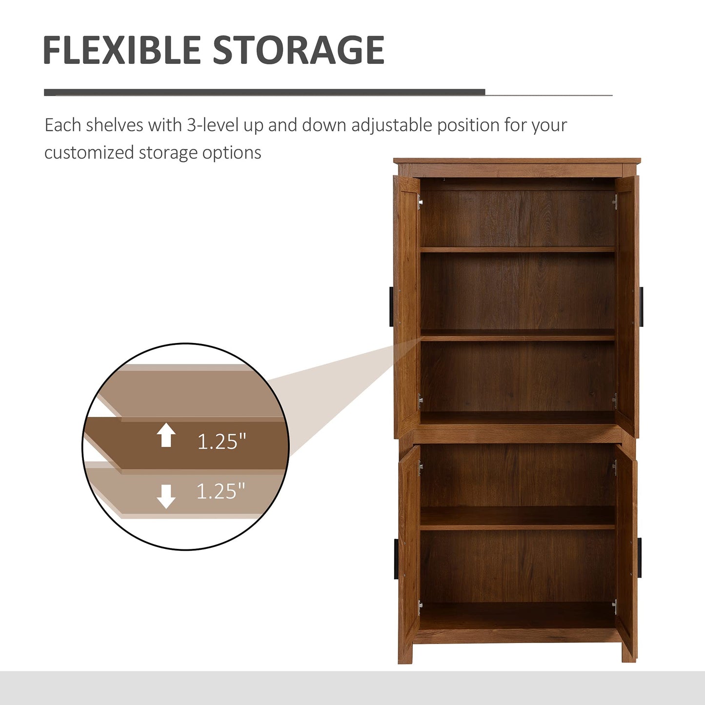 HOMCOM 64" Kitchen Pantry Cabinet, Freestanding Storage Cabinet with 4 Doors and 3 Adjustable Shelves for Dining Room, Oak - B0CGR31CKN