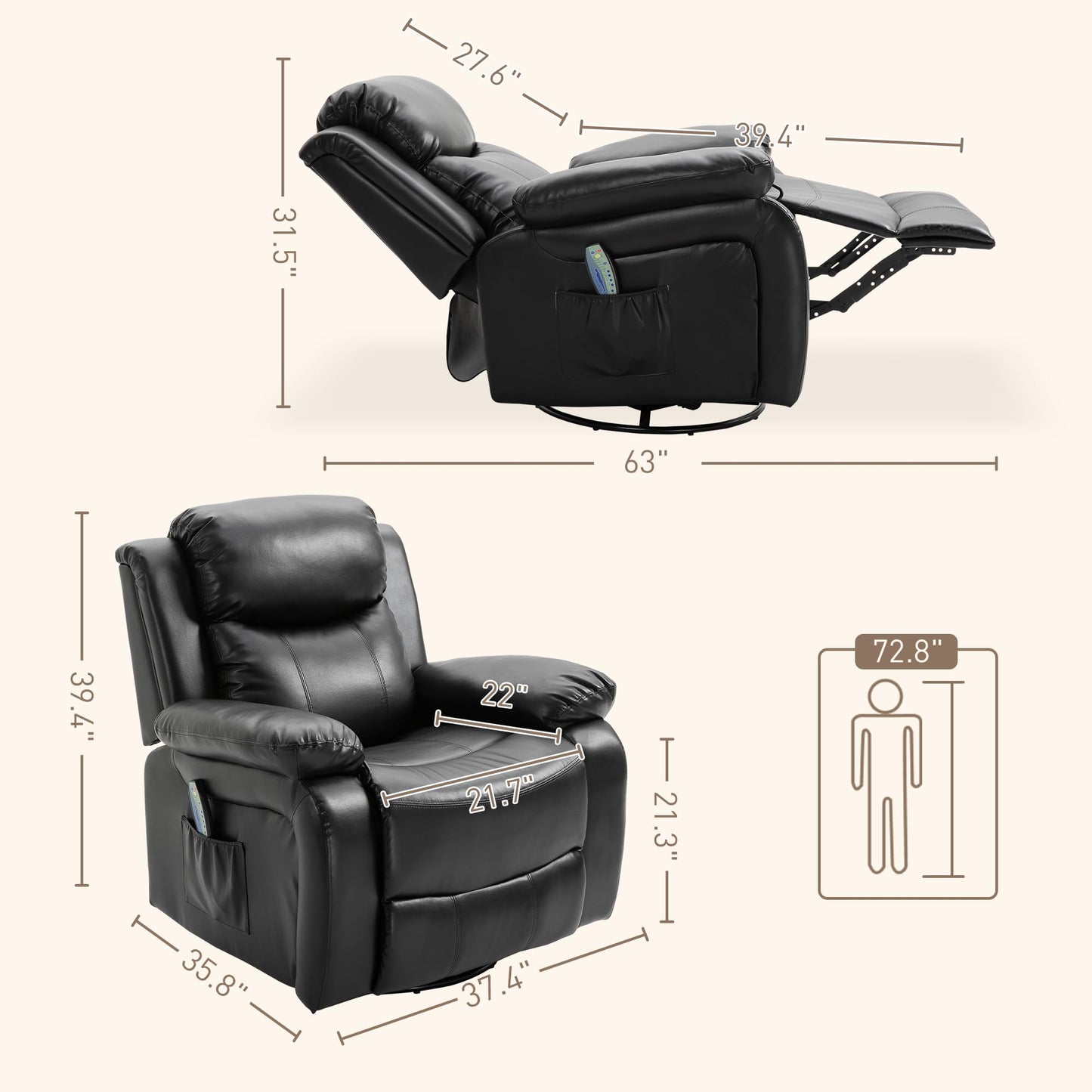 HomCom PU Leather Massage Recliner Chair, Swivel Rocker Sofa with Remote Control, Footrest, - B0BG7VCSHM