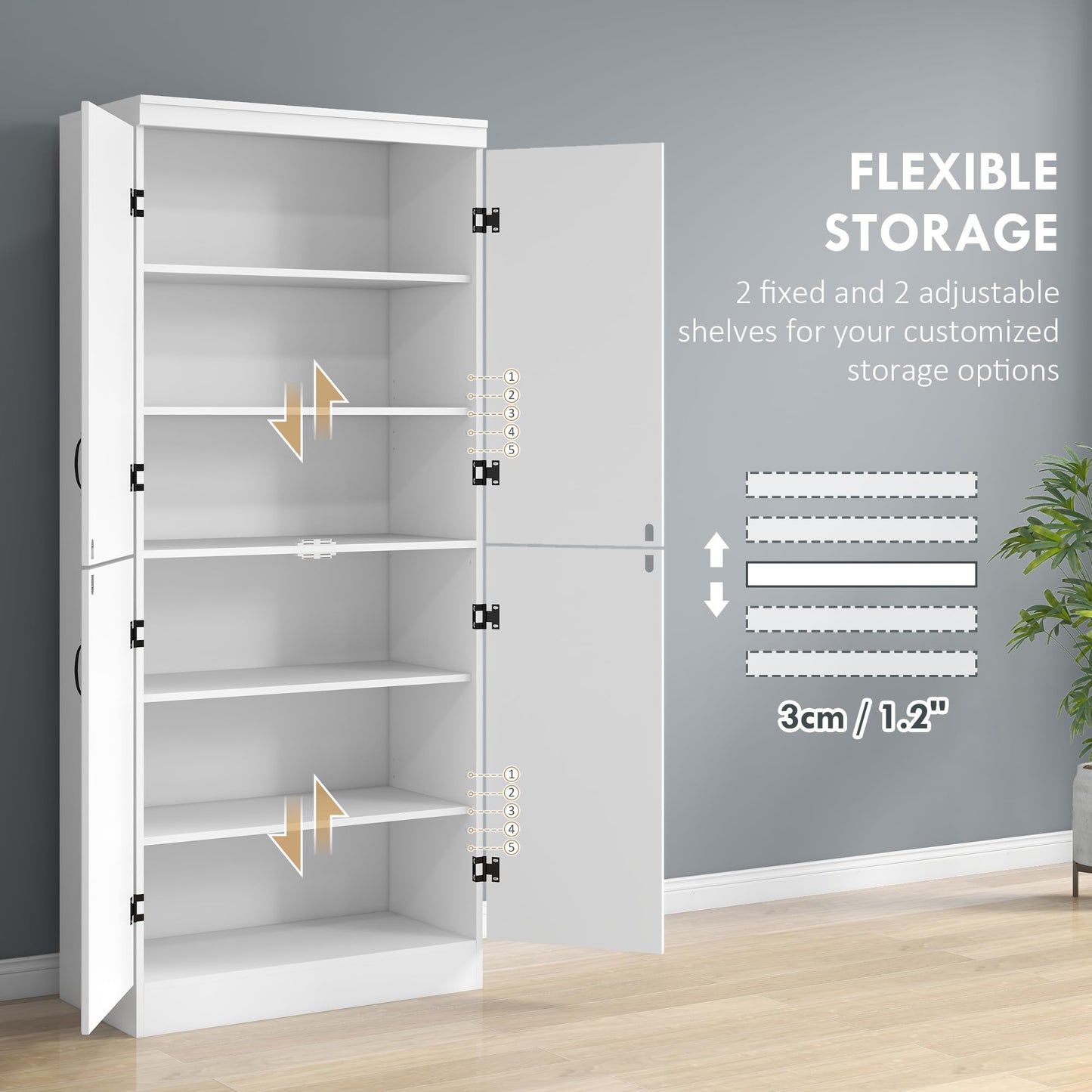 HOMCOM 70" Kitchen Pantry Cabinet, Freestanding Storage Cabinet with 4 Doors and 2 Adjustable Shelves for Dining Room, White - B09YXPKT9T