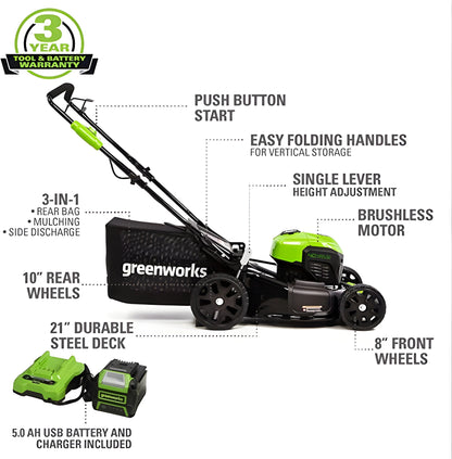 Greenworks 40V 21" Cordless Battery Brushless Push Lawn Mower w/ 5.0Ah USB Battery & Charger - 2515502