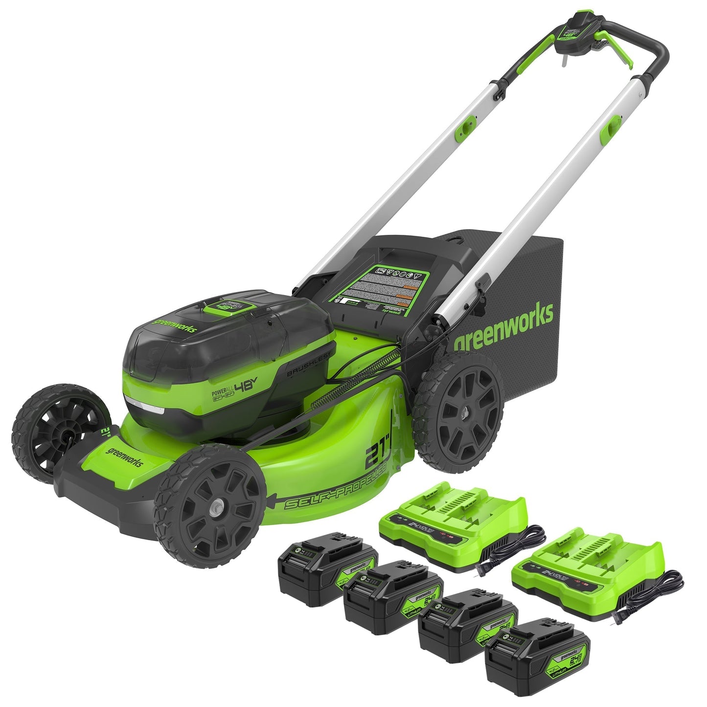 Greenworks 48V (2x24V) 21" Cordless Battery Self-Propelled Lawn Mower w/ (4) 4.0Ah USB Batteries & (2) Dual Port Chargers - 2532902