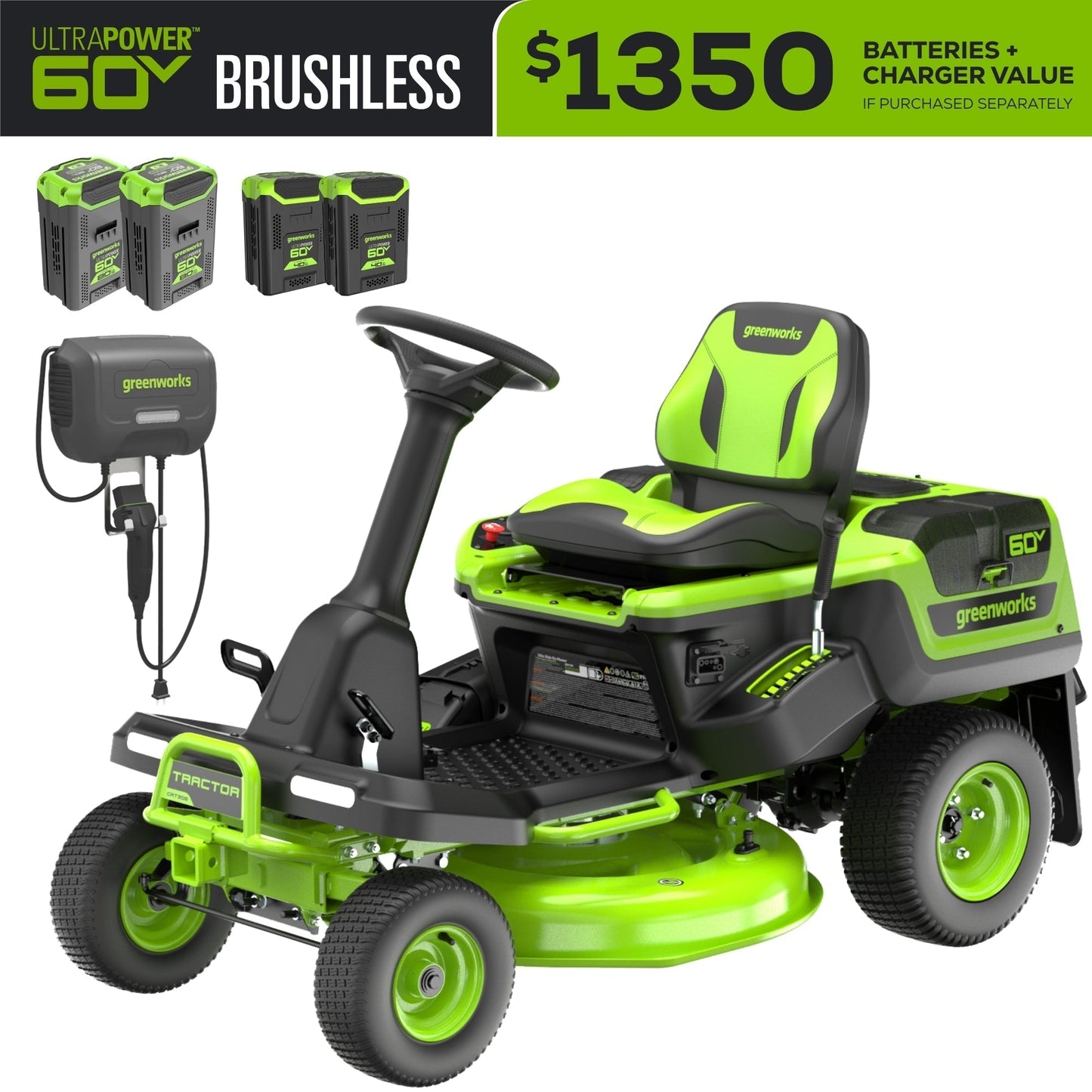 Greenworks 60V 30” CrossoverT Riding Lawn Tractor with (2) 8.0 Ah, (2) 4.0 Ah Batteries & 600-Watt Charger