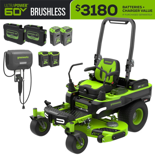 Greenworks 60V 54" MaximusZ Zero Turn Riding Mower with (2) 20.0 Ah, (2) 8.0 Ah & (2) 4.0 Ah Batteries and 1.5kW Charger - 7422302