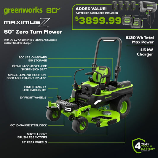 Greenworks 80V 60" MaximusZ Zero Turn Lawn Mower w/ (4) 8Ah Batteries, (2) 16Ah Batteries & 1.5kW Wall Charger - 7423502
