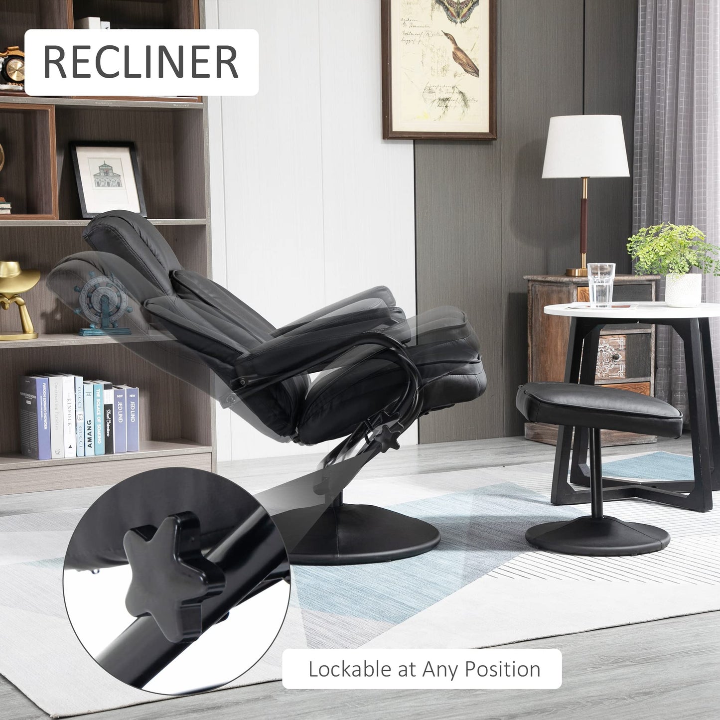 HomCom Swivel Recliner, Manual PU Leather Armchair with Ottoman Footrest for Living Room, - B09PV297DL-1