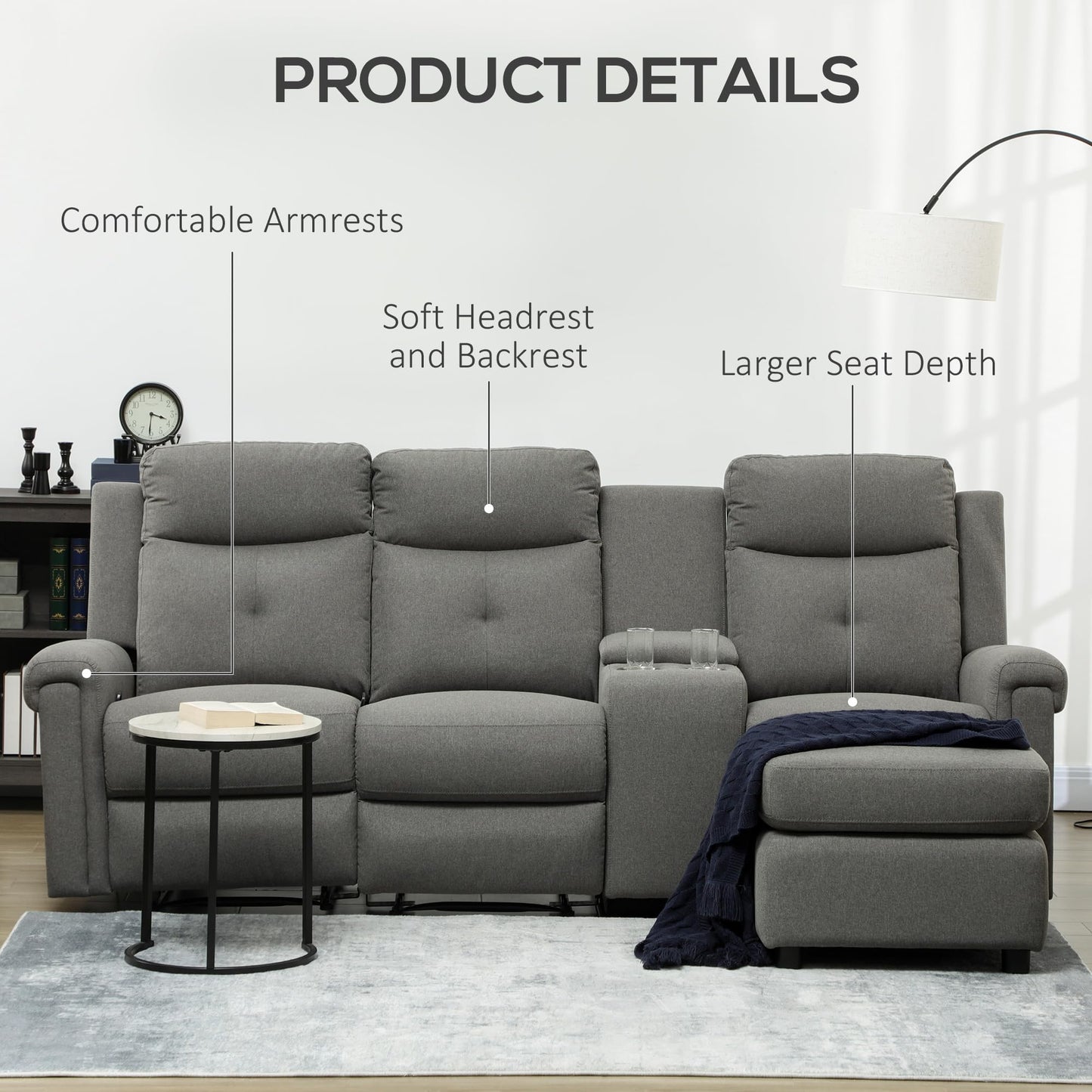 HomCom L-Shaped Sofa, Manual Reclining Sectional with Chaise Ottoman, Storage Console - B08VQ9L5S7