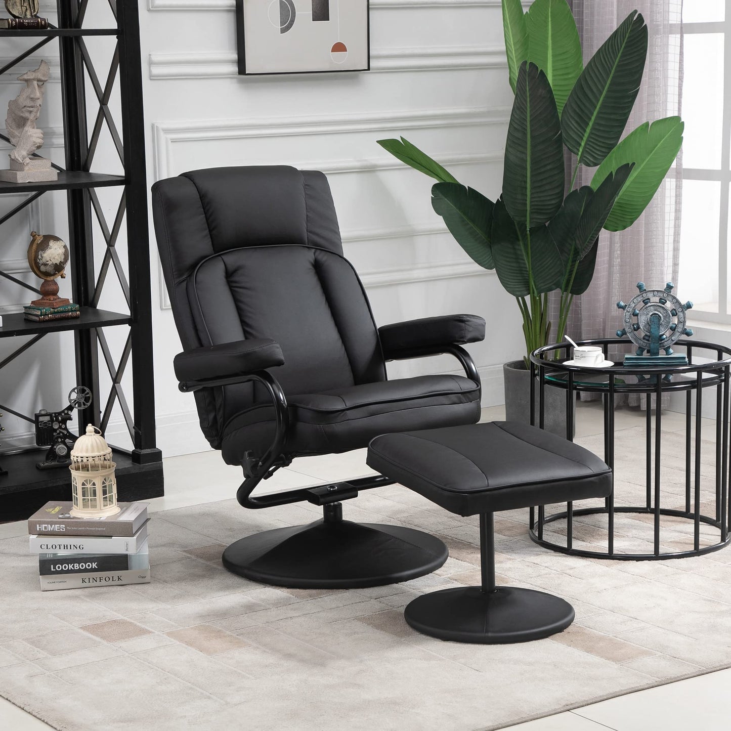 HomCom Swivel Recliner, Manual PU Leather Armchair with Ottoman Footrest for Living Room, - B09PV297DL-1