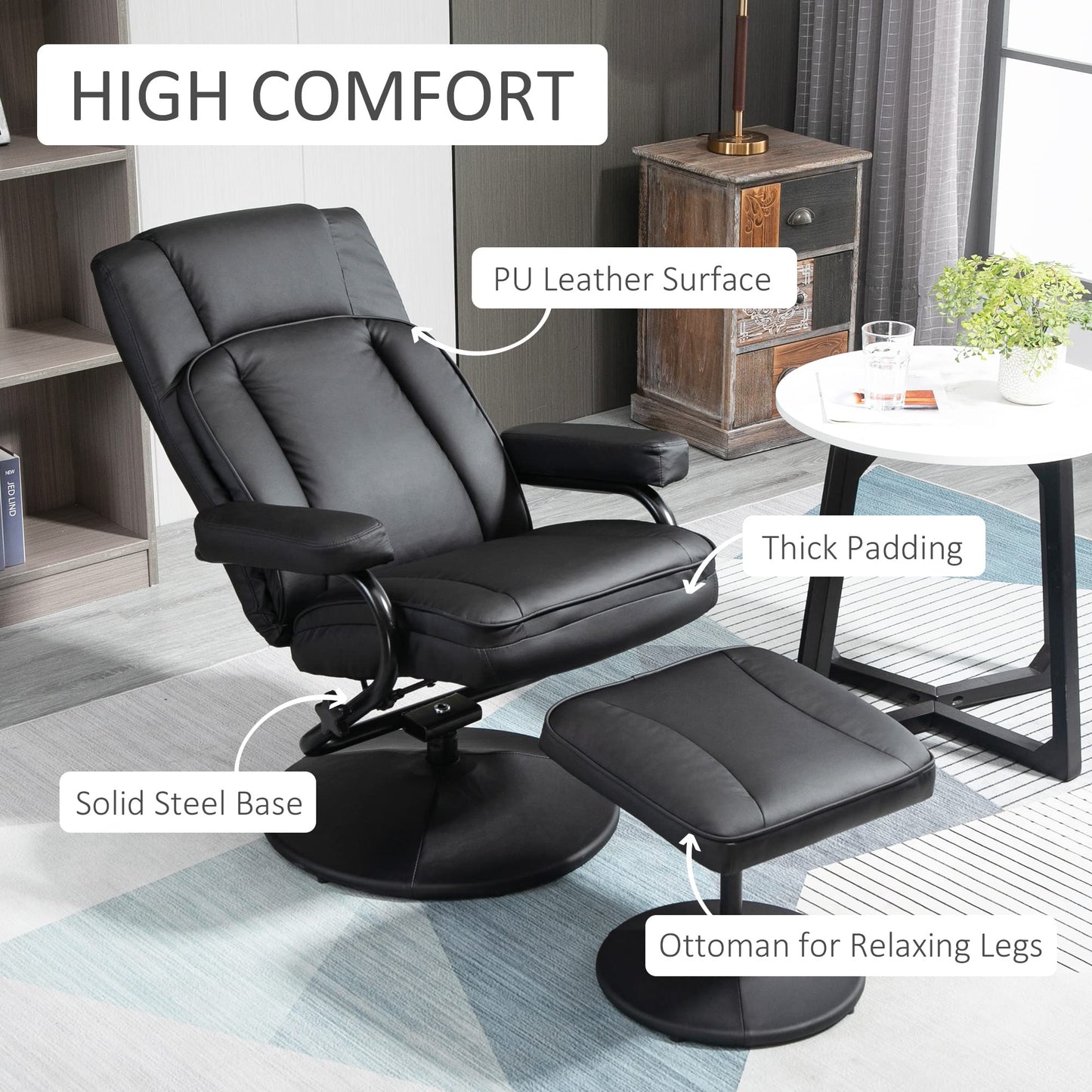 HomCom Swivel Recliner, Manual PU Leather Armchair with Ottoman Footrest for Living Room, - B09PV297DL-1