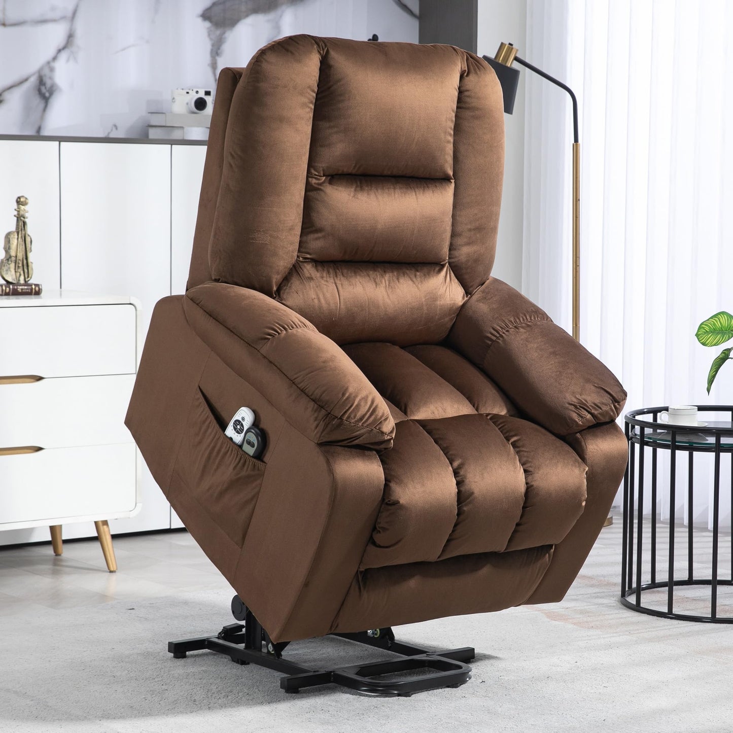 HomCom Lift Recliner Chair, Ergonomic Massage Chair with 4 Positions and Heating, Fabric Overstuffed Living Room Chairs with Side Pockets, Dark Brown - B0CTY2JHYZ-1