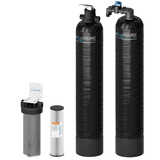 Aquasure Serene Series | 15 GPM Salt-Free Conditioning Bundle with Fortitude Pro Whole House Water Treatment System & Pleated Sediment Pre-Filter - AS-SF15CK
