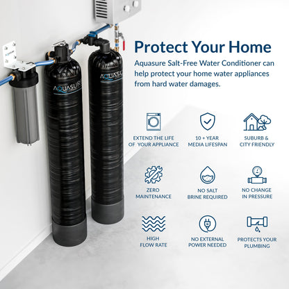Aquasure Serene Series | 15 GPM Salt-Free Conditioning Bundle with Fortitude Pro Whole House Water Treatment System & Pleated Sediment Pre-Filter - AS-SF15CK