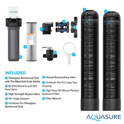 Aquasure Serene Series | 15 GPM Salt-Free Conditioning Bundle with Fortitude Pro Whole House Water Treatment System & Pleated Sediment Pre-Filter - AS-SF15CK
