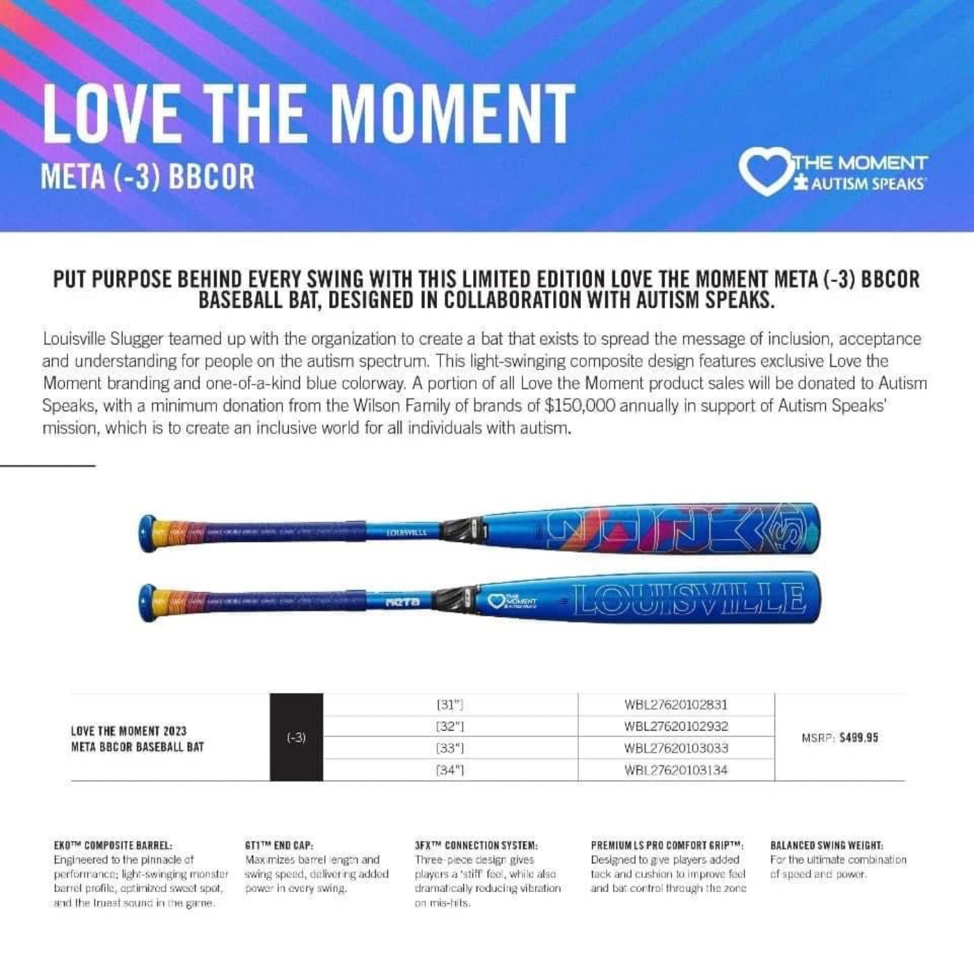 Louisville Slugger 2024 Meta LTM Autism Speaks BBCOR Baseball Bat - WBL27620102831