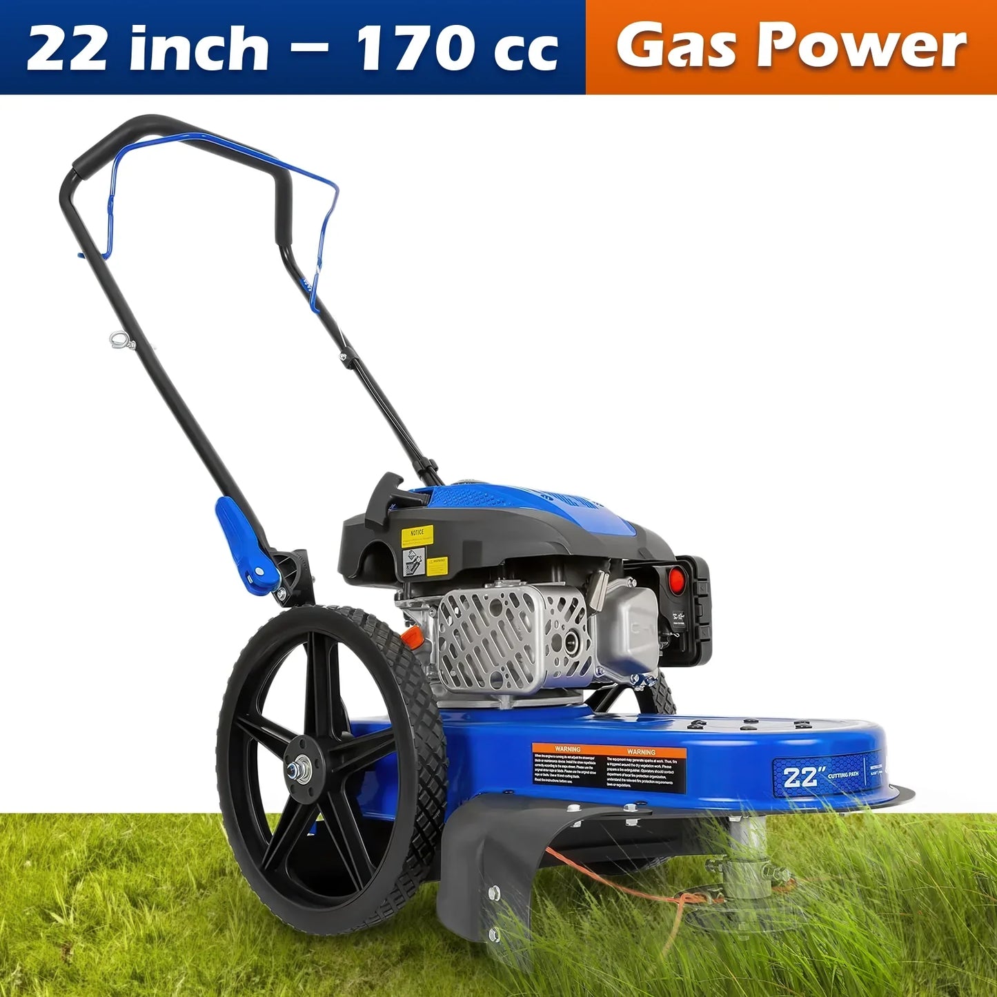 BILT HARD Walk Behind String Trimmer, 170cc 4-Cycle Gas Brush Hog Mower, 22 Inch Cutting Diameter, Push Weed Eater with 14 Inch Flat Free Wheels, Brush Cutter - TJA-1053