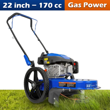BILT HARD Walk Behind String Trimmer, 170cc 4-Cycle Gas Brush Hog Mower, 22 Inch Cutting Diameter, Push Weed Eater with 14 Inch Flat Free Wheels, Brush Cutter - TJA-1053
