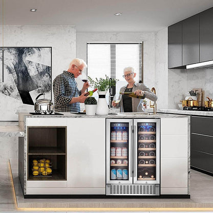 BODEGA Earth Day Sale-AAOBOSI 24 Inch Beverage and Wine Cooler Dual Zone 2-IN-1 Hold 18 Bottles and 57 Cans - YC120-2D