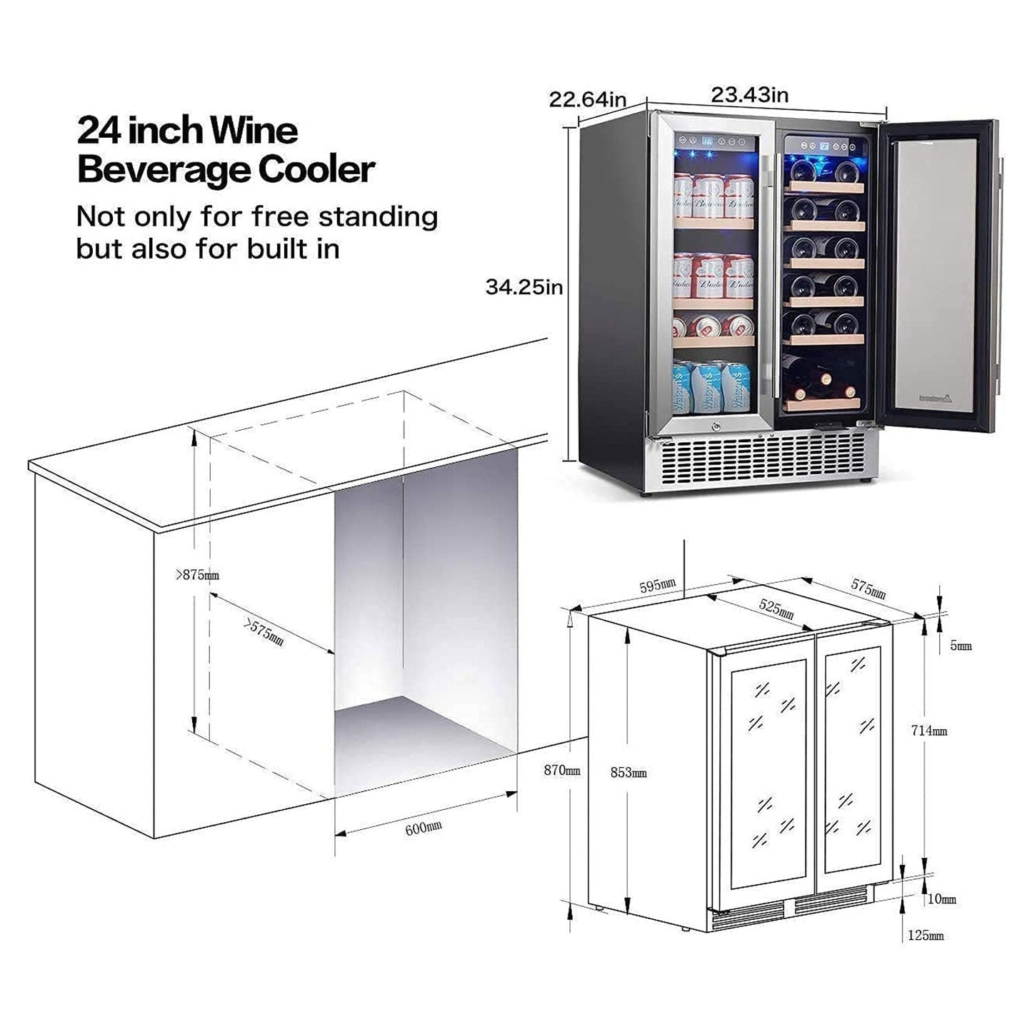 BODEGA Earth Day Sale-AAOBOSI 24 Inch Beverage and Wine Cooler Dual Zone 2-IN-1 Hold 18 Bottles and 57 Cans - YC120-2D