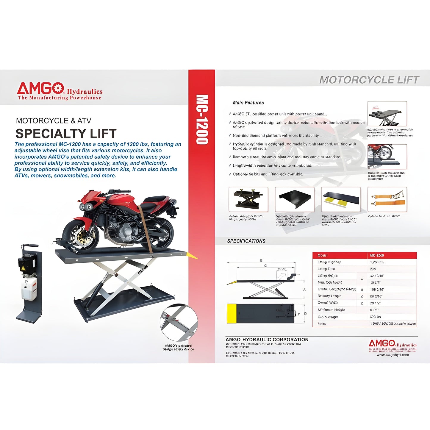 AMGO MC-1200 Motorcycle & ATV Lift - MC-1200