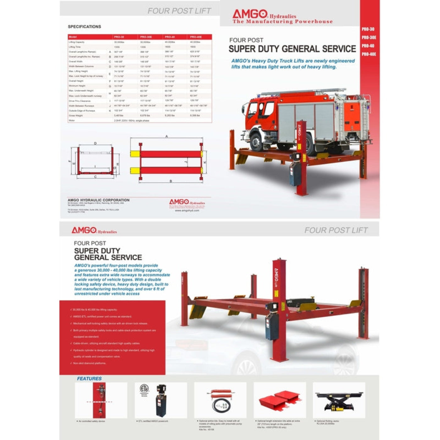 AMGO PRO-40E (Extra Length) 40,000 lbs 4 Post Lift - PRO-40E