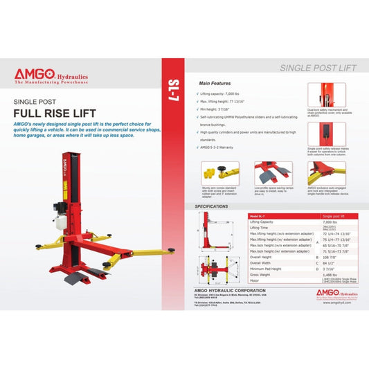 AMGO SL-7 7,000 lbs Single Post Lift - SL-7