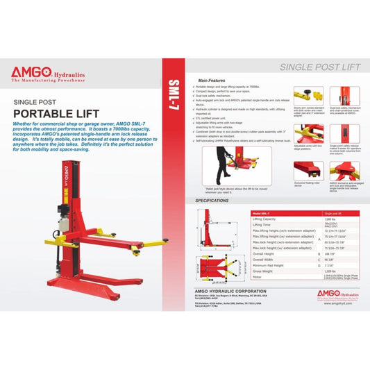 AMGO SML-7 7,000 lbs Single Post Lift - SML-7