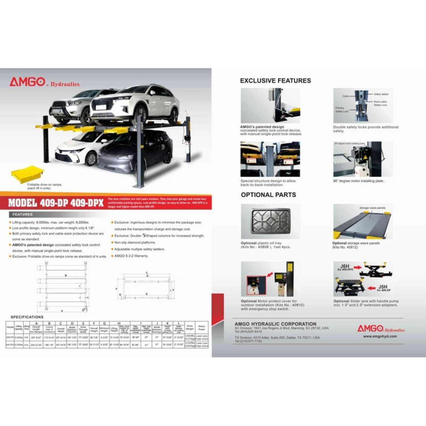 AMGO 409-DPX 9,000 lbs Double Parking 4 Post Lift - 409-DPX