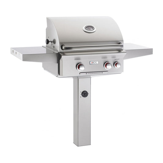 American Outdoor Grill Propane Gas 24-Inch L-Series 2-Burner Grill w/ Side Burner, Rotisserie Backburner and High Performance Rotisserie Kit on In-Ground Post - 24PGL