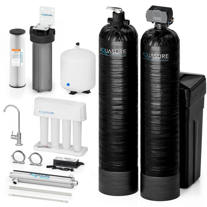Aquasure Signature Elite | 1,500,000 Gallons Whole House Water Treatment System with 64,000 Grains Fine Mesh Resin and KDF85 Carbon Media and 18 GPM High Output Quantum UV De-Activator System - AS-SE1500FMU