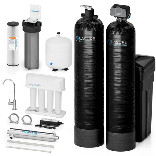 Aquasure Signature Elite | 1,500,000 Gallons Whole House Water Treatment System with 64,000 Grains Fine Mesh Resin and KDF85 Carbon Media and 18 GPM High Output Quantum UV De-Activator System - AS-SE1500FMU
