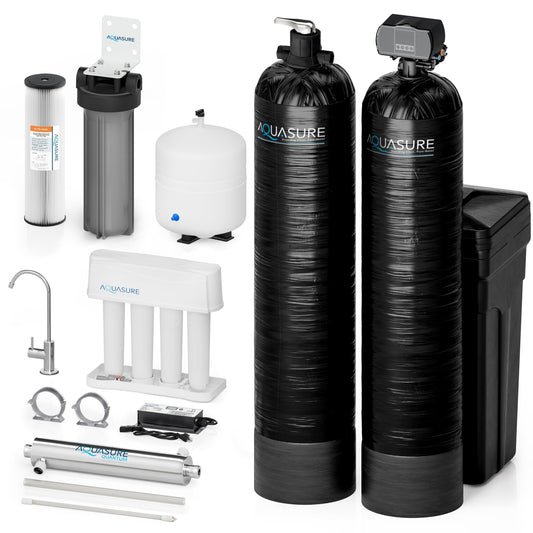 Aquasure Signature Elite | 5-in-1 Whole House Water Treatment Bundle with 72,000 Grains Fine Mesh Resin Softener and 18 GPM UV Sterilizer - AS-SE2000FMU