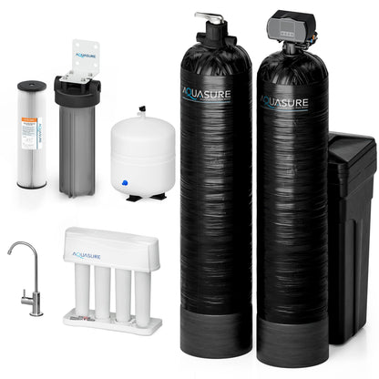 Aquasure Signature Elite | 1,500,000 Gallons Whole House Water Filter Treatment Bundle with 72,000 Grains Fine Mesh Resin Softener, 75 GPD Reverse Osmosis System - AS-SE2000FM