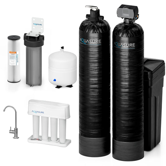 Aquasure Signature Elite | 1,500,000 Gallons Whole House Water Filter Treatment Bundle with 72,000 Grains Fine Mesh Resin Softener, 75 GPD Reverse Osmosis System - AS-SE2000FM