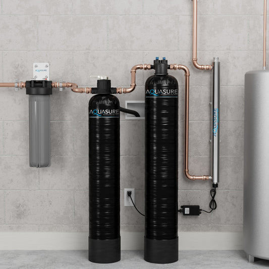 Aquasure Serene Series | 10 GPM Salt-Free Conditioning, Whole House Water Treatment System, Pleated Sediment Pre-Filter and UV Purifier - AS-SF10CKU