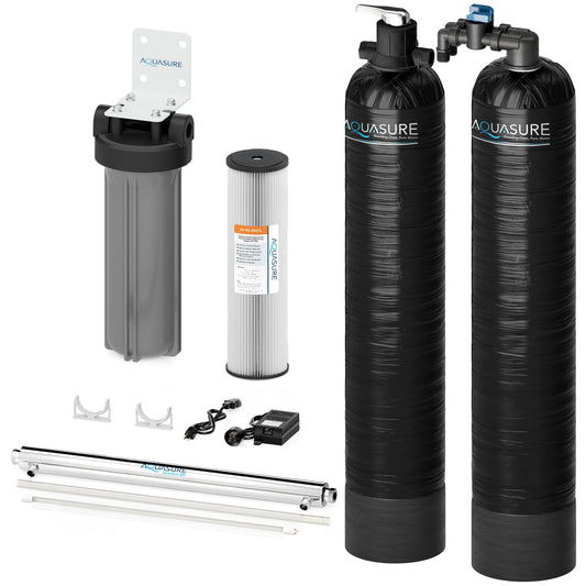 Aquasure Serene Series | 15 GPM Salt-Free Conditioning, Whole House Water Treatment System, Pleated Sediment Pre-Filter and UV Purifier - AS-SF15CKU