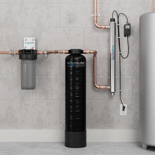 Aquasure Serene Lite Series | 650K Gallons Whole House Salt-Free Water Conditioning/Softening Descaler Bundle with Triple Purpose Filter System and 8 GPM UV De-Activator - AS-SF650U