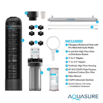 Aquasure Serene Lite Series | 650K Gallons Whole House Salt-Free Water Conditioning/Softening Descaler Bundle with Triple Purpose Filter System and 8 GPM UV De-Activator - AS-SF650U