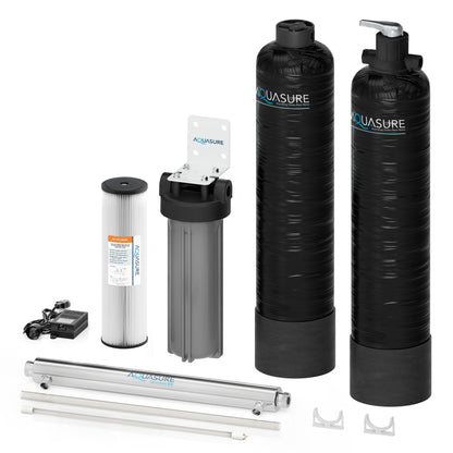 Aquasure Serene Lite Series | 800K Gallons Whole House Salt-Free Conditioning/Softening Descaler Bundle with Water Treatment System, Pleated Sediment Pre-Filter and 8 GPM UV De-Activator - AS-SF800CKU