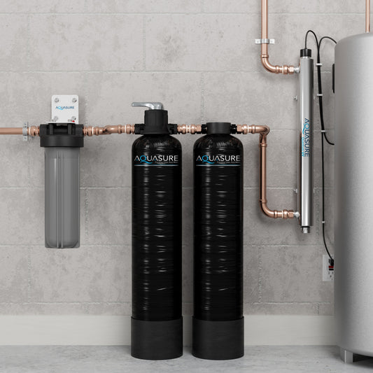 Aquasure Serene Lite Series | 800K Gallons Whole House Salt-Free Conditioning/Softening Descaler Bundle with Water Treatment System, Pleated Sediment Pre-Filter and 8 GPM UV De-Activator - AS-SF800CKU