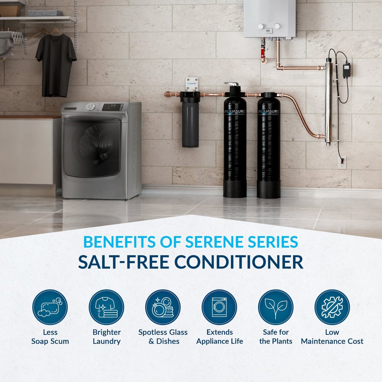 Aquasure Serene Lite Series | 800K Gallons Whole House Salt-Free Conditioning/Softening Descaler Bundle with Water Treatment System, Pleated Sediment Pre-Filter and 8 GPM UV De-Activator - AS-SF800CKU