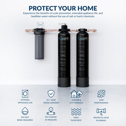 Aquasure Serene Lite Series | 800K Gallons Whole House Salt-Free Conditioning/Softening Descaler Bundle with Water Treatment System and Pleated Sediment Pre-Filter - AS-SF800CK