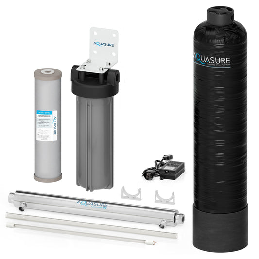 Aquasure Serene Lite Series | 800K Gallons Whole House Salt-Free Water Conditioning/Softening Descaler Bundle with Triple Purpose Filter System and 8 GPM UV De-Activator - AS-SF800U
