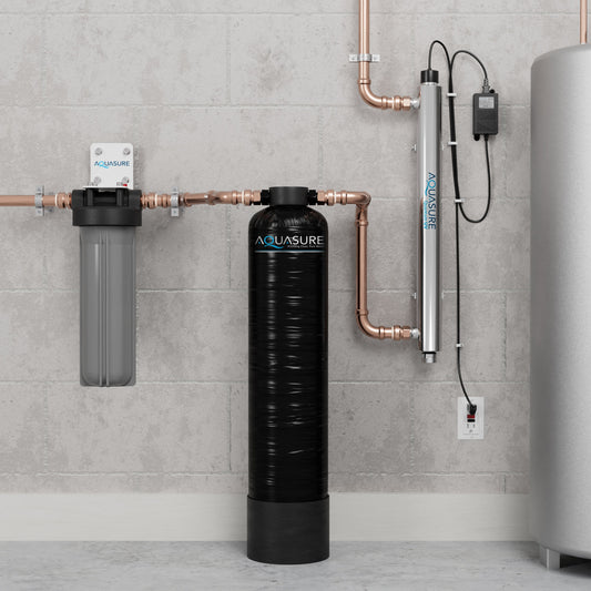 Aquasure Serene Lite Series | 800K Gallons Whole House Salt-Free Water Conditioning/Softening Descaler Bundle with Triple Purpose Filter System and 8 GPM UV De-Activator - AS-SF800U