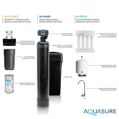 Aquasure Signature Pro | Whole House Water Filter Bundle with 48,000 Grains Softener, 75 GPD Reverse Osmosis System & Triple Purpose Pre-Filter - AS-WHF48D