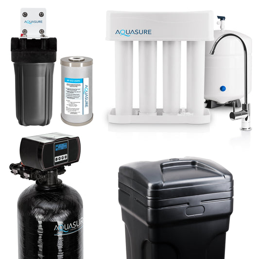 Aquasure Signature Elite | Whole House Water Filter Bundle with 48,000 Grains Softener w/ Fine Mesh Resin, 75 GPD Reverse Osmosis System & Triple Purpose Pre-Filter - AS-WHF48FM