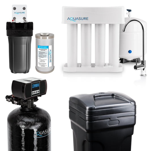 Aquasure Signature Elite | Whole House Water Filter Bundle with 64,000 Grains Softener w/ Fine Mesh Resin, 75 GPD Reverse Osmosis System & Triple Purpose Pre-Filter - AS-WHF64FM