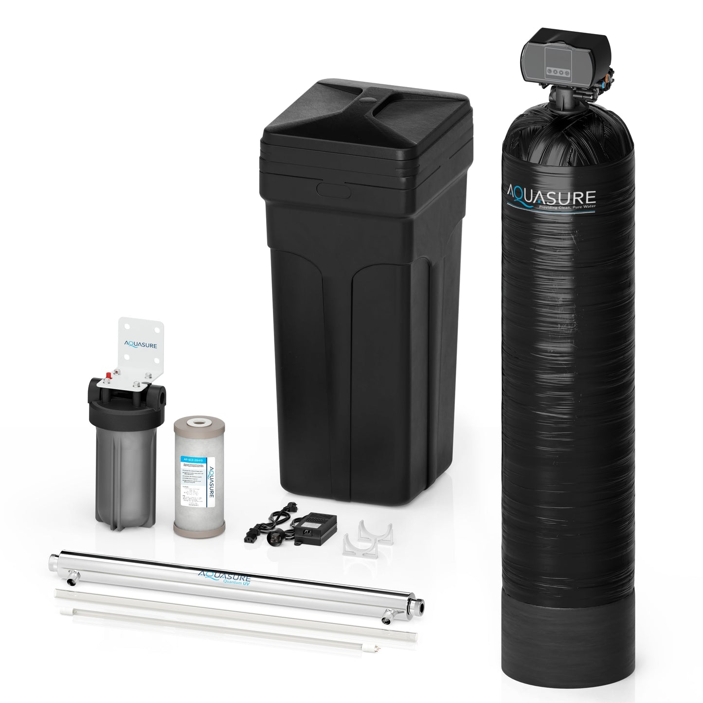 Aquasure Signature Series | 64,000 Grains Water Softener with 12 GPM Quantum UV De-Activator System and Triple Purpose Carbon Pre-Filter - AS-WSUV64D